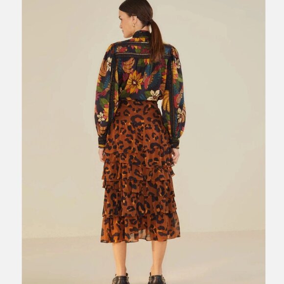 Farm Rio Caramel Maxi Leopard Frill Ruffle Skirt Brown/Black Size XL NWT - Picture 5 of 11